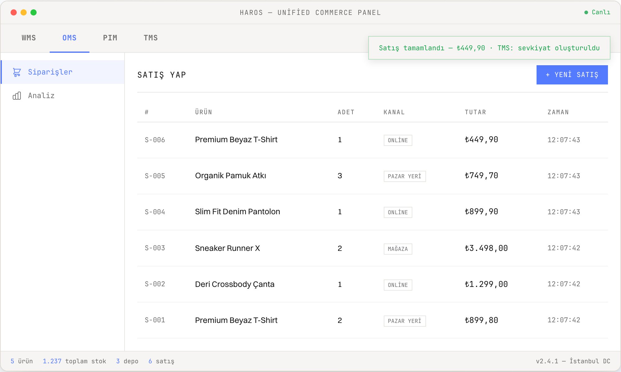 HaROS OMS order screen — channel-based order list and sale notification