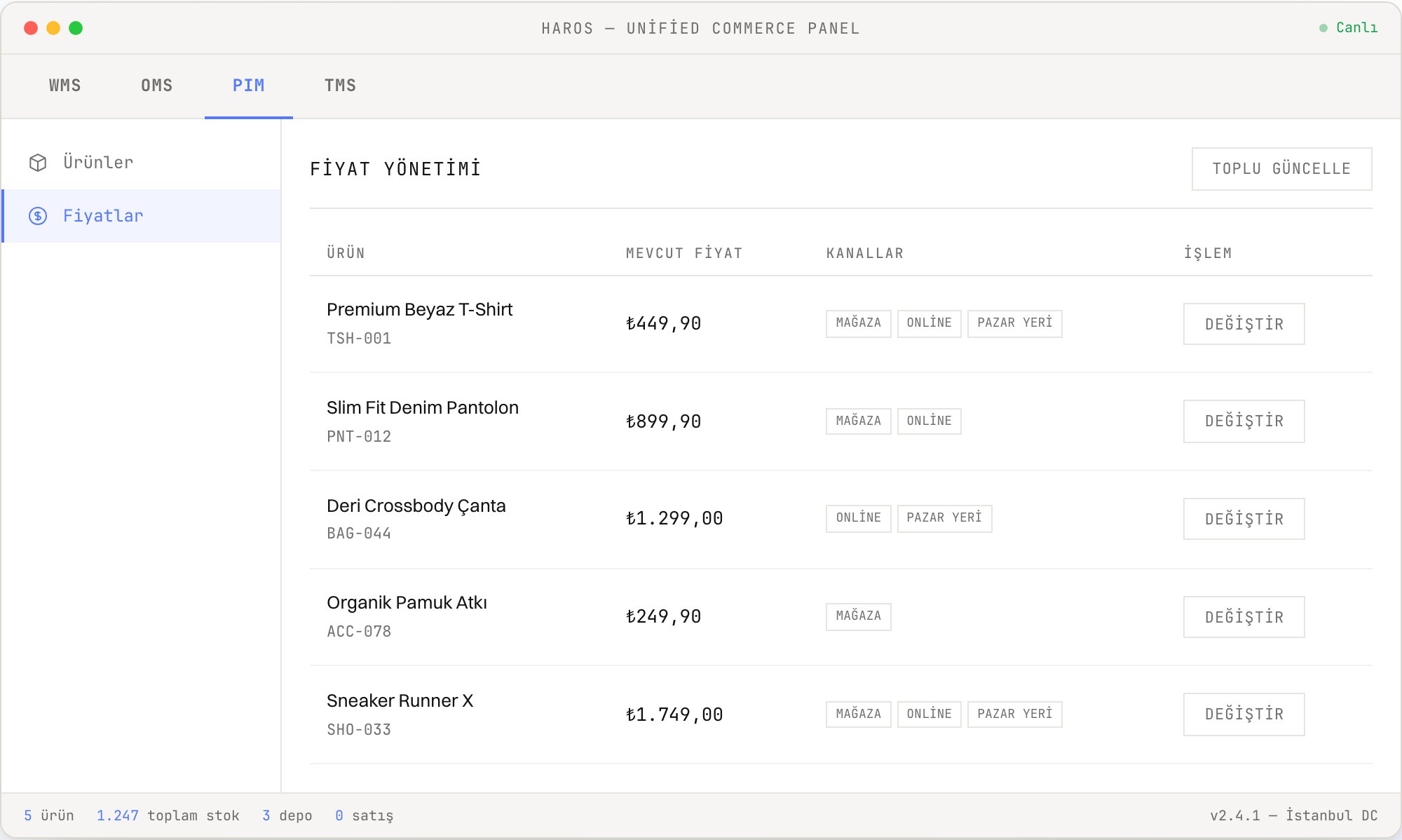 HaROS PIM price management — channel-based pricing and bulk updates