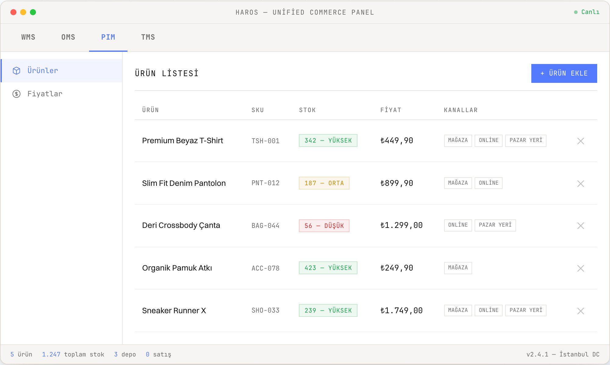 HaROS PIM product list — SKU, stock, price and channel chips