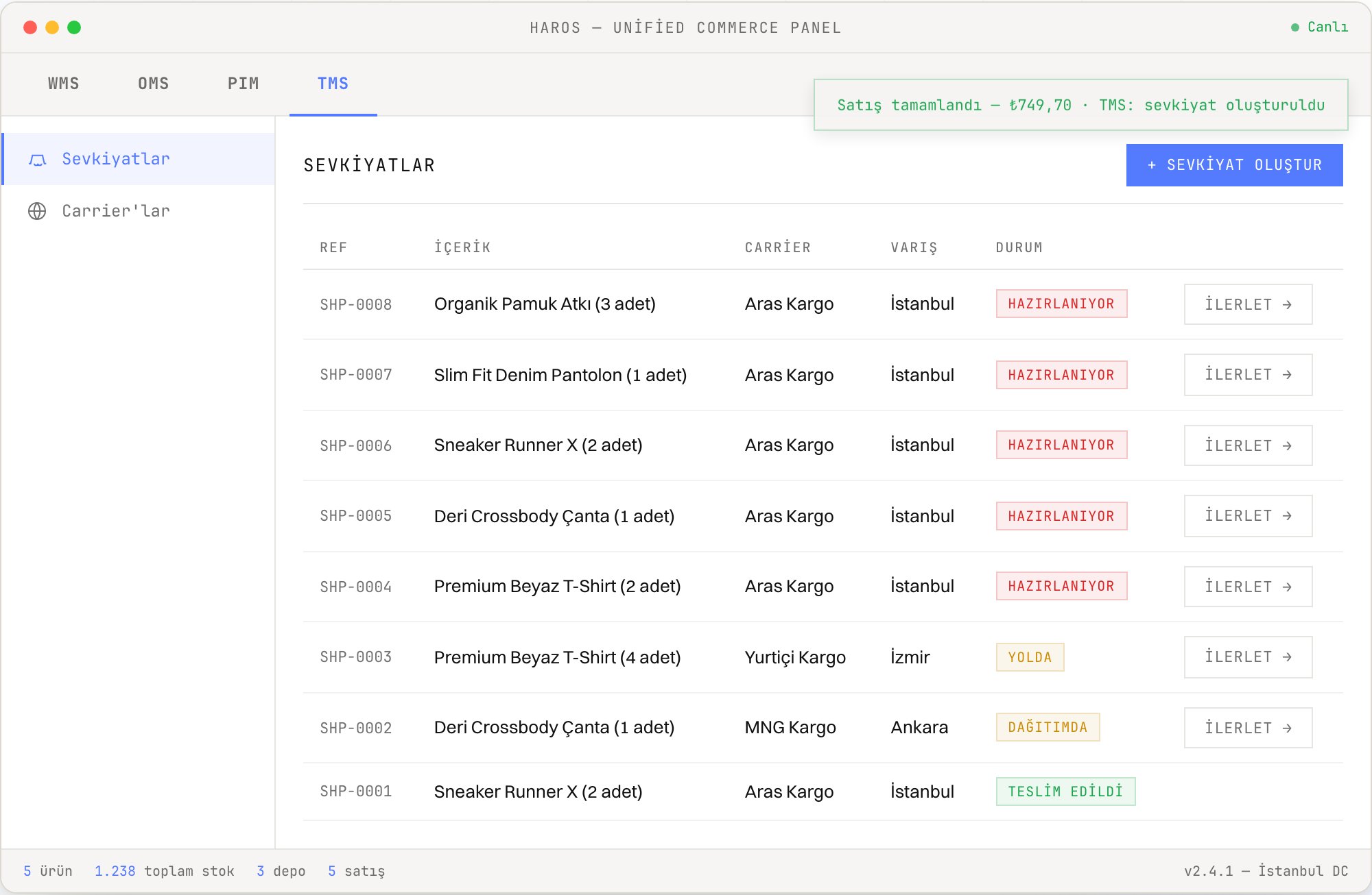 HaROS TMS shipments screen — shipment list with carrier, destination and status badges